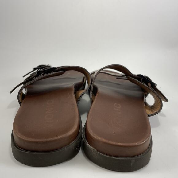 Vionic Charlie Slide Sandals Mens Size 8 Brown Leather Comfort Dual Strap - Picture 4 of 9